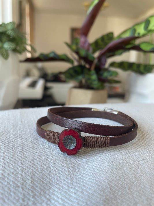 leather wrap bracelet with a red murano glass
