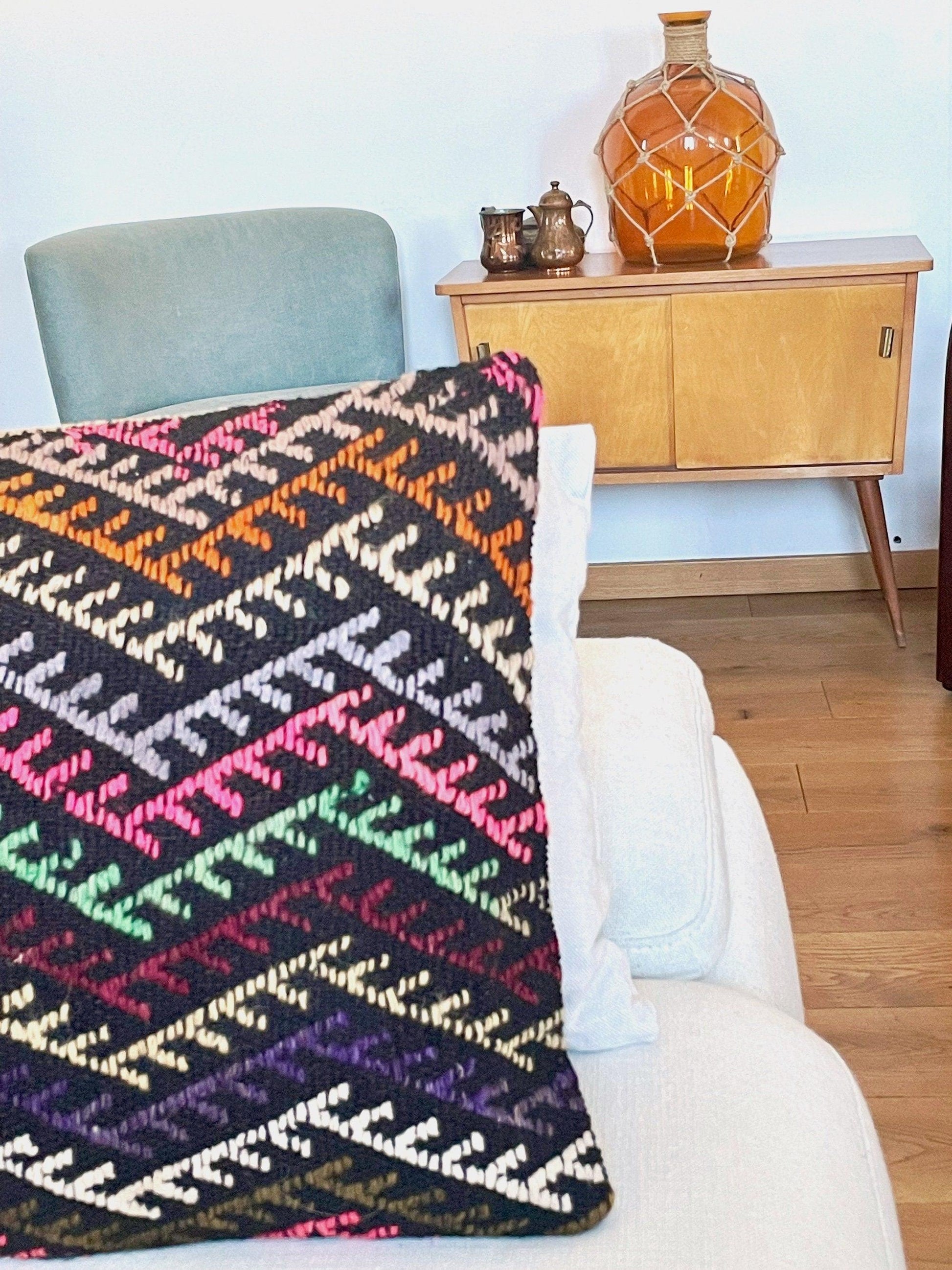 XL Vintage Kilim Bench Cushion handwoven with natural yarnThrow PillowsBeachPerfect.de
