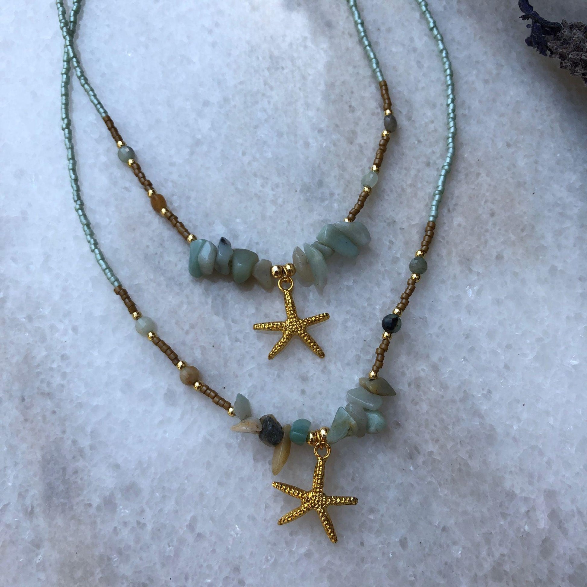 Handmade Necklace with Amazonite, Miyuki Seeds and Sand Beads - BeachPerfect.de
