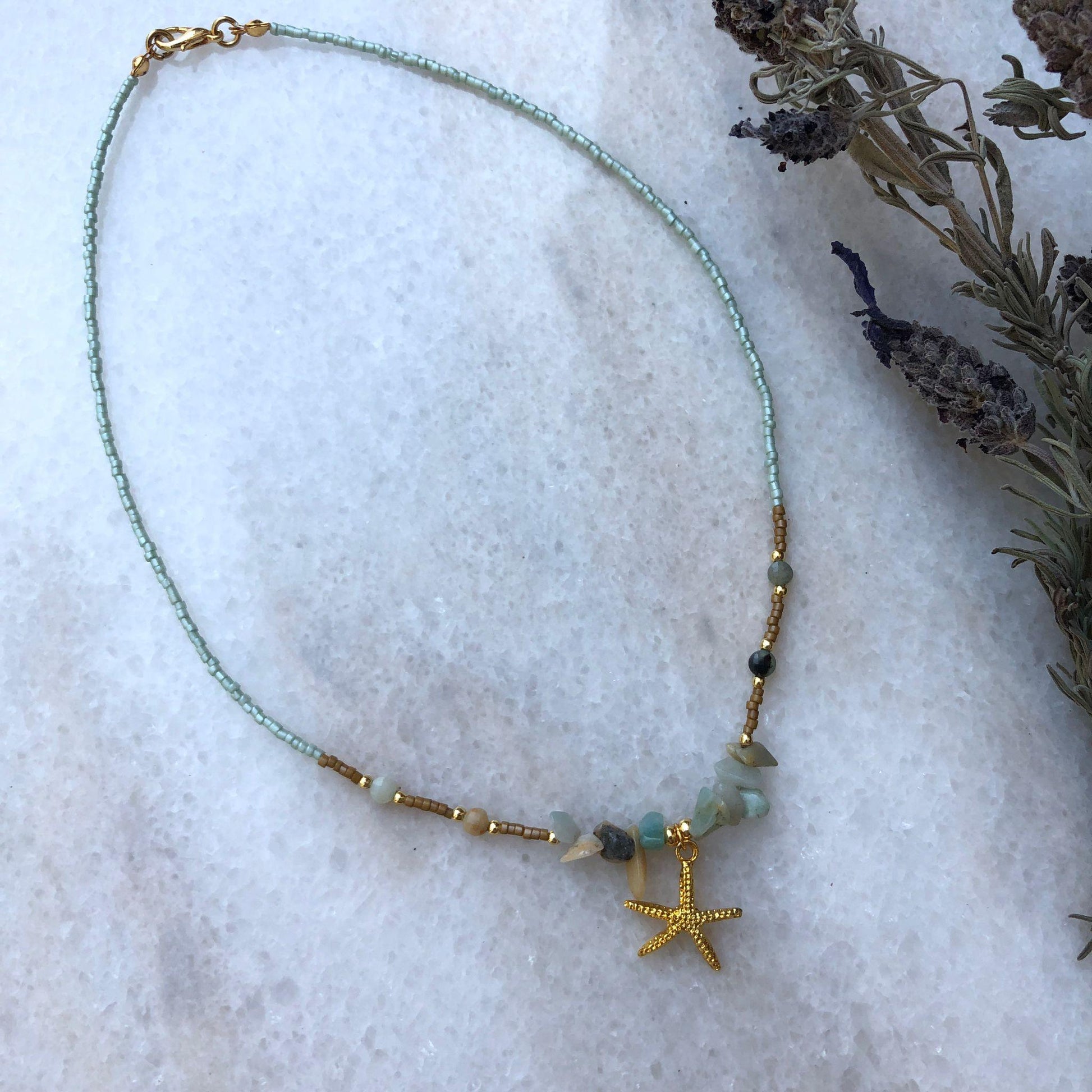 Handmade Necklace with Amazonite, Miyuki Seeds and Sand Beads - BeachPerfect.de