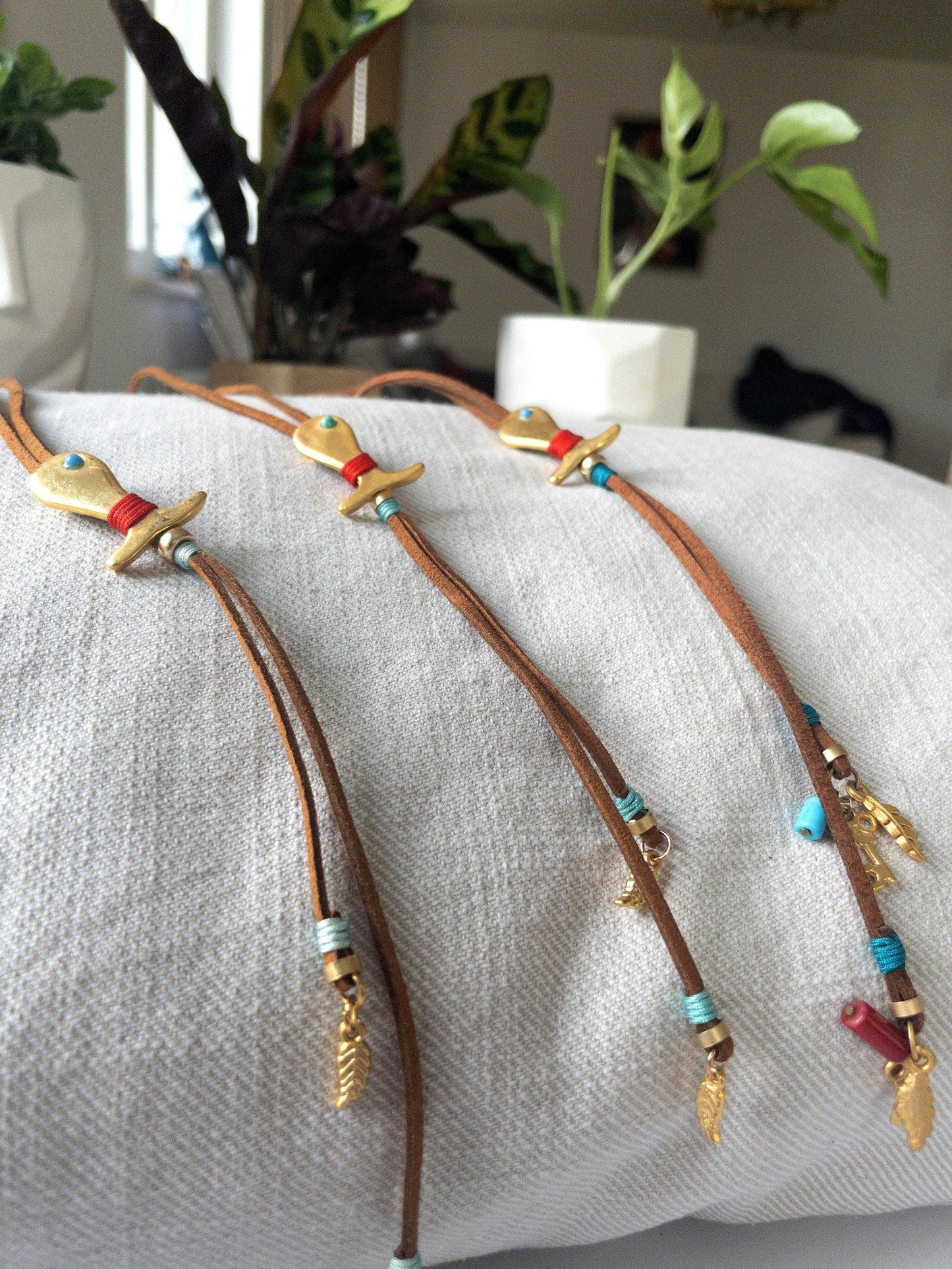 Long tassel leather suede necklace with a gold plated brass fish pendant | Boho dekoltee necklace | Bohemian jewelry | tassel necklaces - BeachPerfect.de